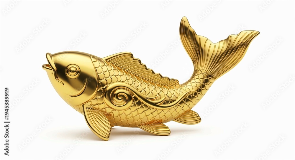 Fototapeta premium A golden koi fish statue leaping over sculpted waves, isolated on a white background, representing prosperity, success, and traditional Asian mythology