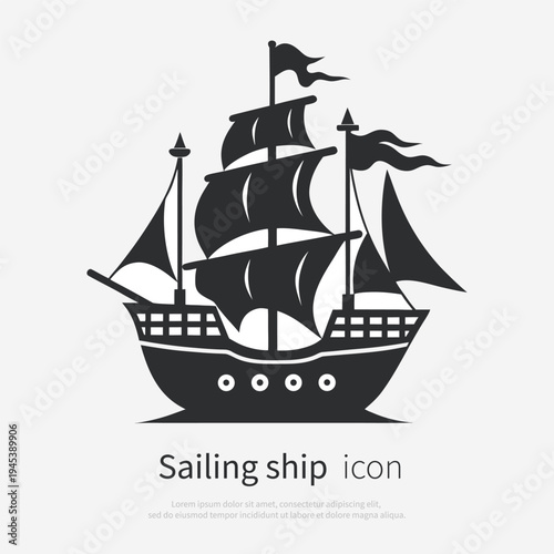 Sailing Ship Isolated Silhouette Icon , Side View. Vector Illustration of Classic Nautical Vessel on White Background