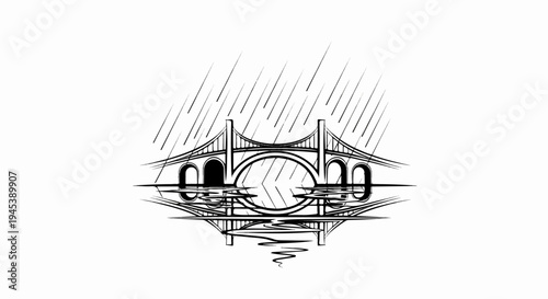Stylized bridge with cascading rain, reflected in water