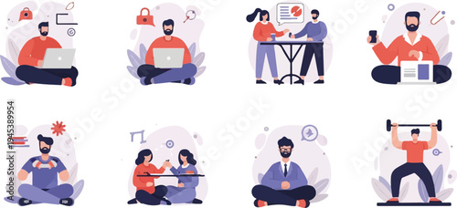 Diverse people engage in various activities like working, meeting, gaming, and exercising