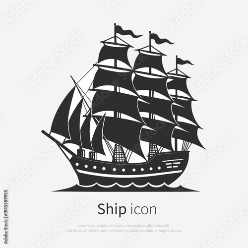 Sailing ship silhouette icon side view isolated on white background. Vector illustration of a logo vintage sailing vessel.