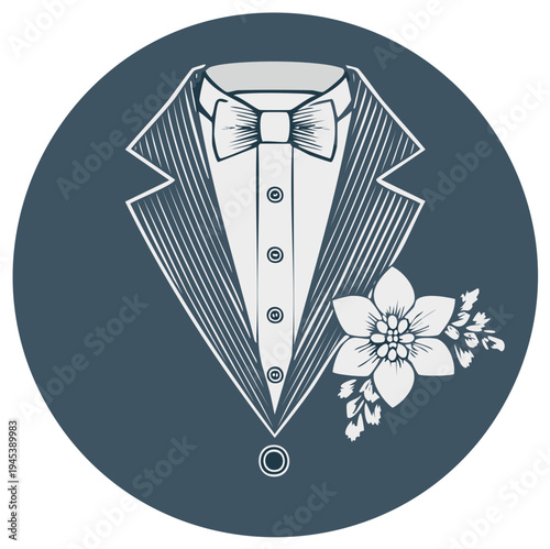 Formal tuxedo with bowtie and boutonniere emblem illustration