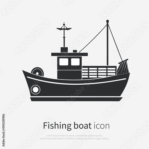 Fishing boat silhouette icon side view isolated on white background. Black vector illustration of a logo traditional fishing vessel