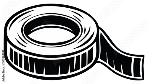 Black and white illustration of adhesive tape roll with a paper strip coming out, for crafts and repair
