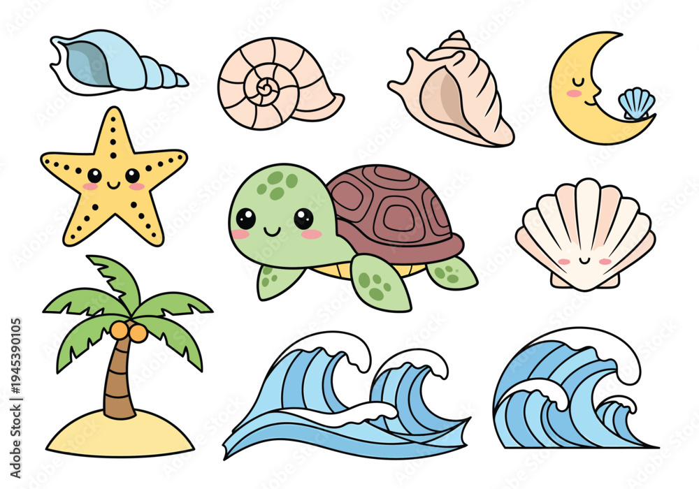 Fototapeta premium Cute Kawaii Summer Beach and Ocean Elements Vector Set with Sea Turtle, Starfish, Seashells, Palm Tree, Waves, and Sleeping Moon for Kids Designs
