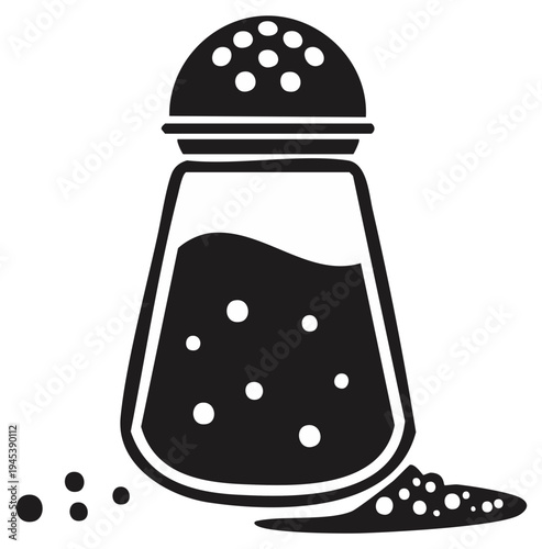 Black and white spice shaker icon with granules spilled on surface cooking ingredient