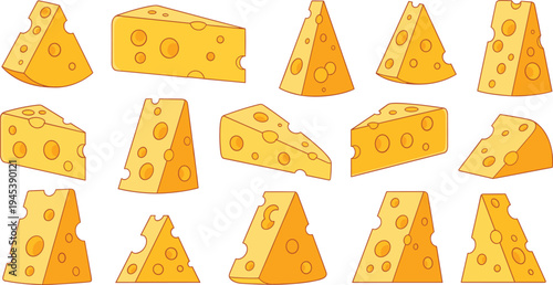 Cheese wedges and slices collection in hand drawn cartoon style, dairy food illustration set with Swiss cheese pieces for menu design, grocery packaging, and cooking graphics