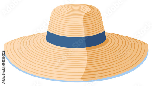 Wide brim straw hat with blue ribbon for sunny day sun protection accessory