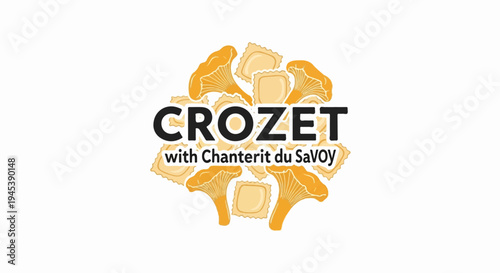 Fresh pasta squares and chanterelle mushrooms arranged around bold text