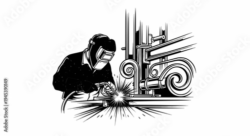 Welder in protective gear sparks intensely while fusing metal structures