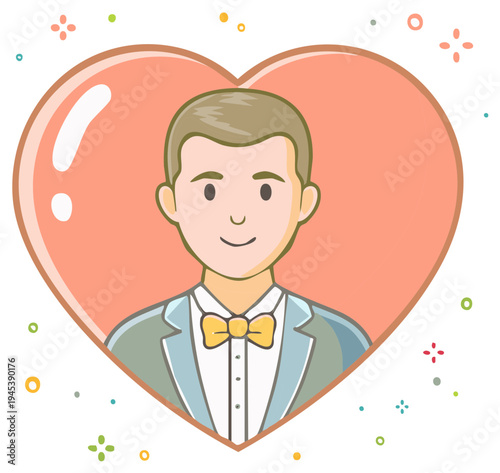 Vector illustration of a man wearing a suit and bow tie inside a heart shape