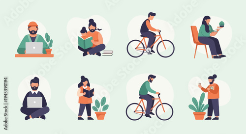Diverse individuals engage in reading, cycling, working, and enjoying plants