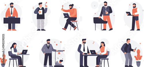 Diverse people engaged in work activities, some with laptops and briefcases