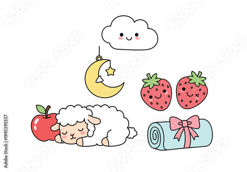 Cute Kawaii Sleep and Sweet Dreams Vector Icon Set with Sleeping Sheep, Moon, Cloud, Strawberries, Apple, and Rolled Blanket for Children's Designs