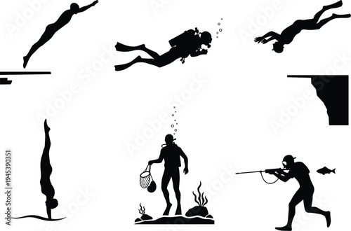 Diving and underwater silhouettes of springboard dive, cliff dive, scuba diver, spearfishing, aquatic sport vector design illustration