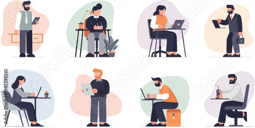 Diverse people working on laptops and tablets in various office and cafe settings