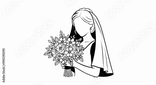 Minimalist line art of a bride in a veil holding a bouquet of flowers