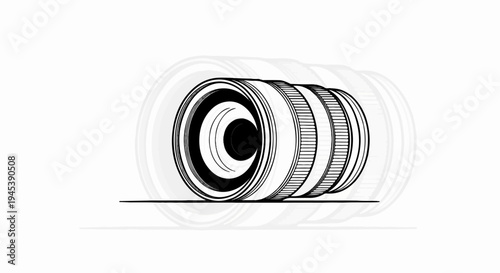 Monochrome illustration of a camera lens with concentric rings