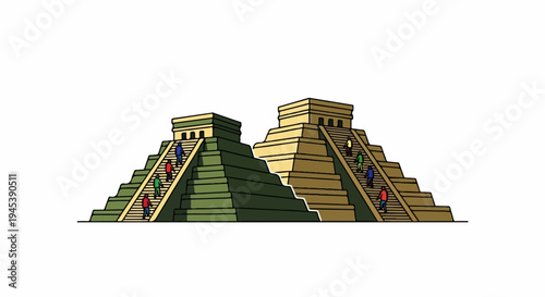 Stylized ancient pyramids with people climbing their stairs, isolated on white