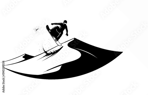 Silhouette of a snowboarder mid-air above a snow-covered dune