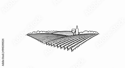 Stylized vineyard landscape with rolling hills, a wine bottle and glass