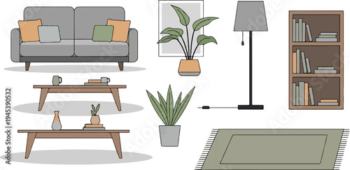 Cozy living room elements with sofa, tables, plants, lamp, rug and bookshelf