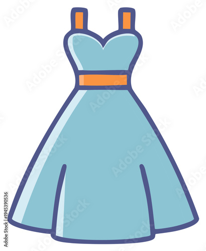 Blue dress illustration. Cartoon style design, with orange strap, and belt. Feminine, elegant.