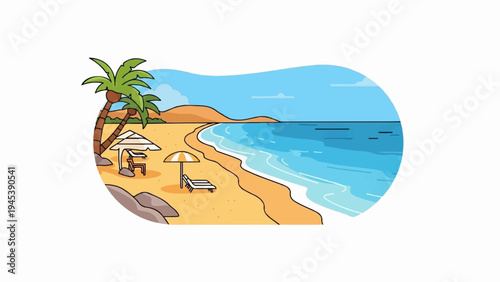 Peaceful beach scene with palm trees, umbrellas, and lounge chairs by the ocean