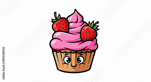 Cute cartoon cupcake with pink frosting and strawberries, smiling face