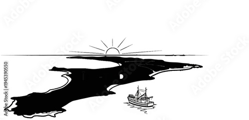 Sun rises over a dark, winding river with a boat on the water