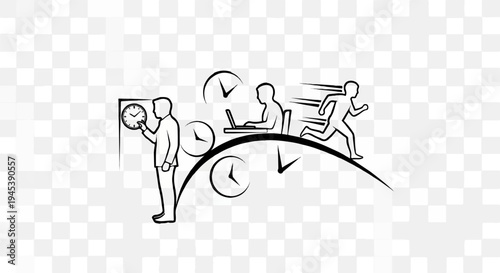 Figures illustrate concepts of time, work, and urgency with clocks and motion