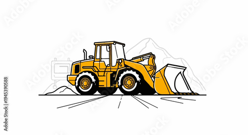 Stylized illustration of a yellow loader with a full bucket, set against a minimalist mountain backdrop