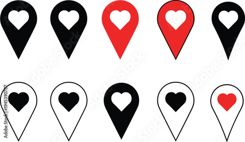 Heart location pin icons in solid and outline styles with red and black markers for favorite places, love destinations, dating apps, and map navigation