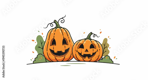 Two smiling carved pumpkins with autumn leaves and vines against white background
