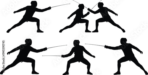 Fencing silhouettes lunging, parrying, attacking stances with swords and protective gear, dynamic combat sport vector design illustration