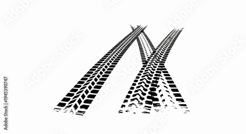 Two sets of black tire tracks crossing on a white background
