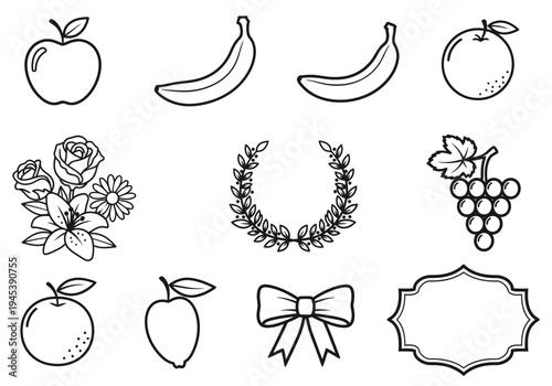Set of 11 Outline Vector Icons Featuring Fruits, Floral Bouquet, Laurel Wreath, Bow, and Decorative Frame for Graphic Design Elements