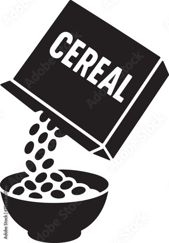 Pouring cereals from cardboard box package into breakfast bowl morning nutrition healthy diet graphic vector illustration