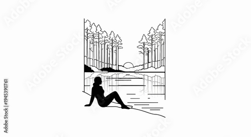 Silhouette of a woman on a lakeshore at sunset, reflected in the water