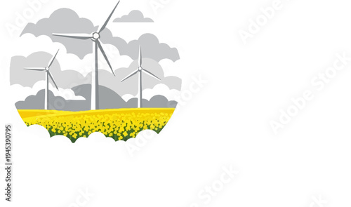 Wind turbines stand tall in a bright yellow field under a cloudy sky