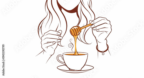Woman's hands drizzle honey from a dipper into a steaming cup of tea