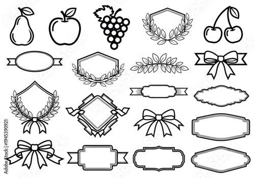 Set of 20 Black and White Outline Fruit, Ribbon, and Laurel Wreath Vector Elements for Labels, Badges, and Decorations