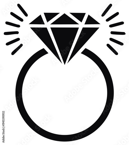 Sparkling diamond ring icon, faceted gemstone on a precious metal band, jewelry symbol