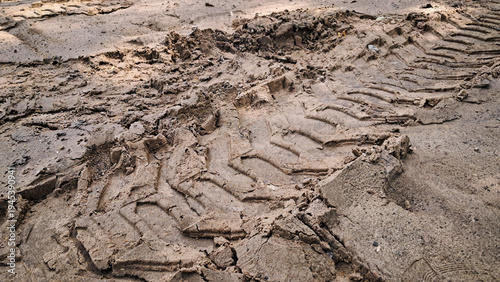 Tire track of heavy machinery in soft soil, close-up view
