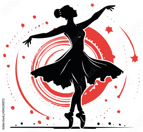 Ballet dancer silhouette dancing in graceful pose with abstract red circular motion