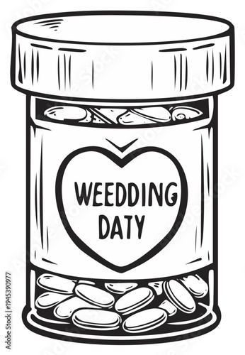 Prescription bottle filled with pills labeled 'Wedding Day'