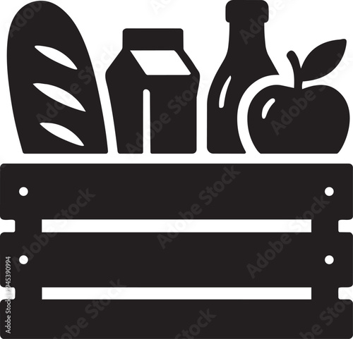 Wooden crate filled with grocery food products bread milk apple farm market harvest fresh vector silhouette