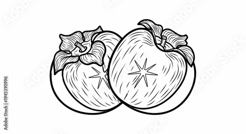 Two persimmons, one whole, one halved, with sepals and star-shaped core