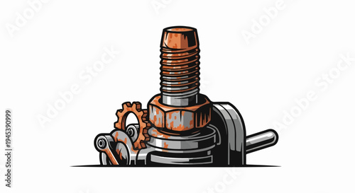 Close-up of a rusty bolt and nut with attached gears and mechanical parts