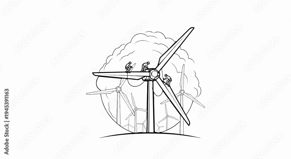 Fototapeta premium Workers maintain wind turbines against a cloudy sky background
